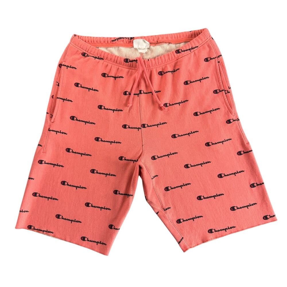 Champion Reverse Weave Logo Print Shorts Mens L Salmon Peach Y2K AOP